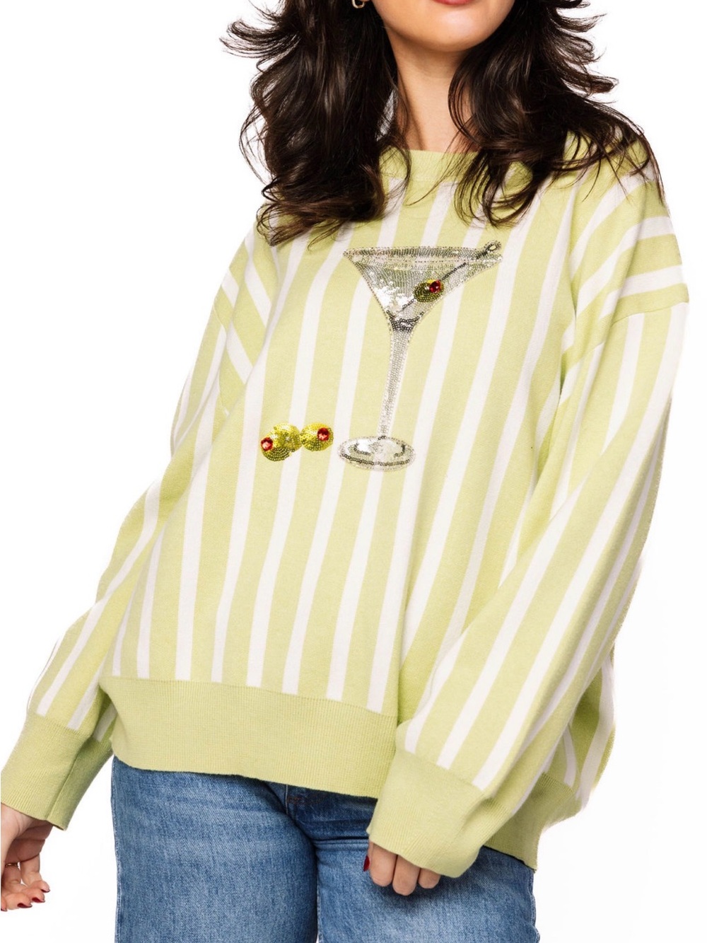 Queen of Sparkles Green Striped Martini Sweater
